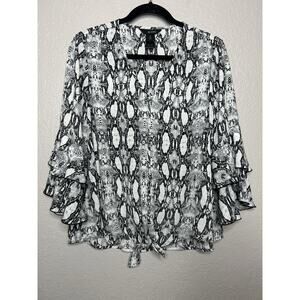 Ali Miles Blouse Top Snake Print Black Gray Button Up 3/4 Bell Sleeve Size Med